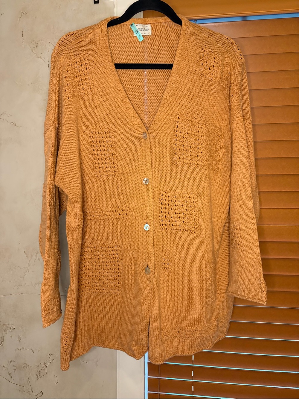 Vintage United Colors Of Benetton Rust-Orange Open-Knit Button Cardigan